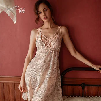 

2019 Top Sexy Lace Lace Nightdress Solid Color Sling Sexy Backless V-neck Nightdress Lace womens nightgown sleepwear