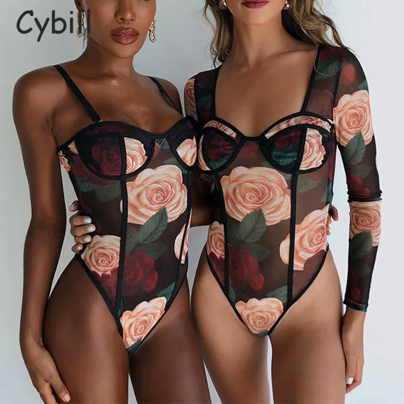 Cybill-Body de malla con estampado Floral para mujer, Body Sexy transparente de manga larga para fiesta y Club, Top de otoño
