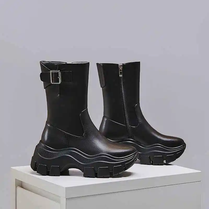 black short Botas mujer; обувь на высоком каблуке; женские мотоциклетные ботинки из коровьей кожи на толстой подошве; металлические застежки-пряжки сохраняющие тепло сапоги - Цвет: black short