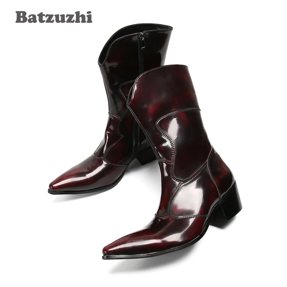 Batzuzhi Western Cowboy Men's Boots Medium-Calf Leather Boots Men Motorcycle Botas Militares Punk Boots Men Party, Big Size 6-12