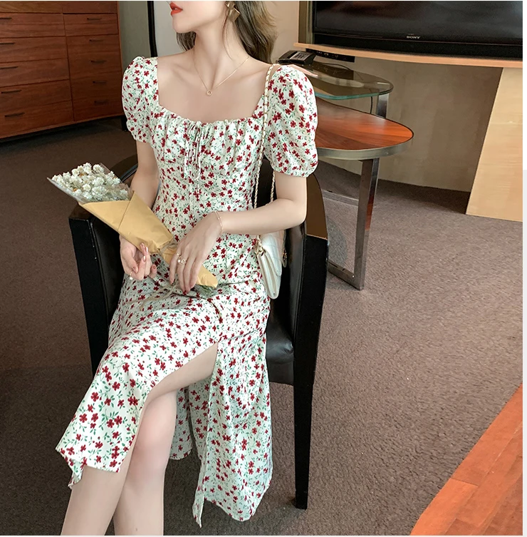 

Midi Dress 2021 French Retro Mid-length Floral Chiffon Dress Female Square Collar Puff Sleeve Split Thin Long Dress White Yellow