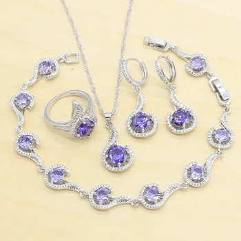 

New Arrivals 925 Silver Jewelry Sets For Women Purple White Crystal Ring Earring Pendant Necklace Bracelet Wedding Jewelry
