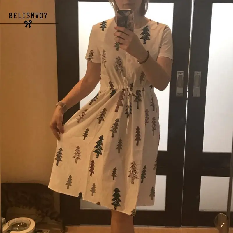 Винтажная летняя женская одежда Mori Girl из хлопка и льна платье с круглым вырезом