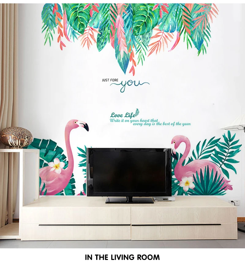 Large flamingo green plant wall stickers bedroom sticker home decor living room sofa background wall decor girl room decoration