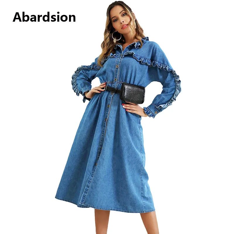 

Abardsion Autumn Winter Denim Dress Women 2019 Blue Midi Jeans Shirt Dress Fashion Ruched Ruffles Long Sleeve Button Vestidos