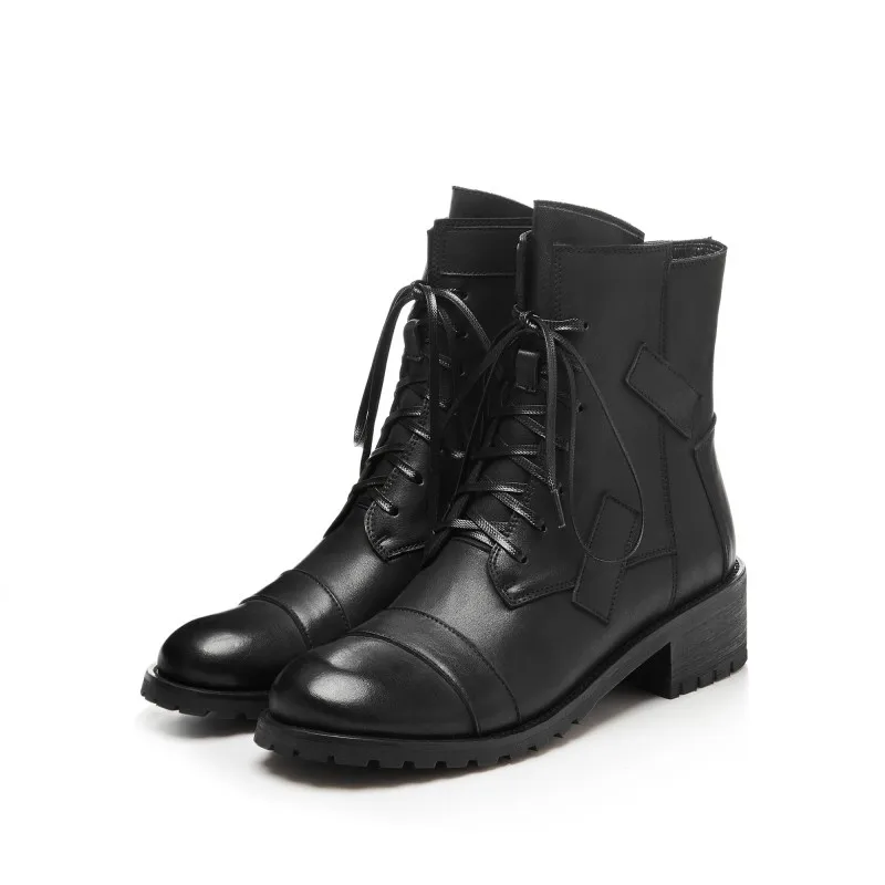 

LIDIAN 2019 AUTUMN WINTER GENUINE LEATHER SHORT BOOTS WITH LACE UP MIDDLE HEELS