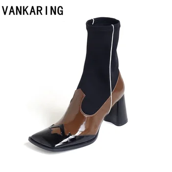 

2019new women sock boots square toe elastic high boots slip on high heel mixed color leather ankle boots women pumps botas white