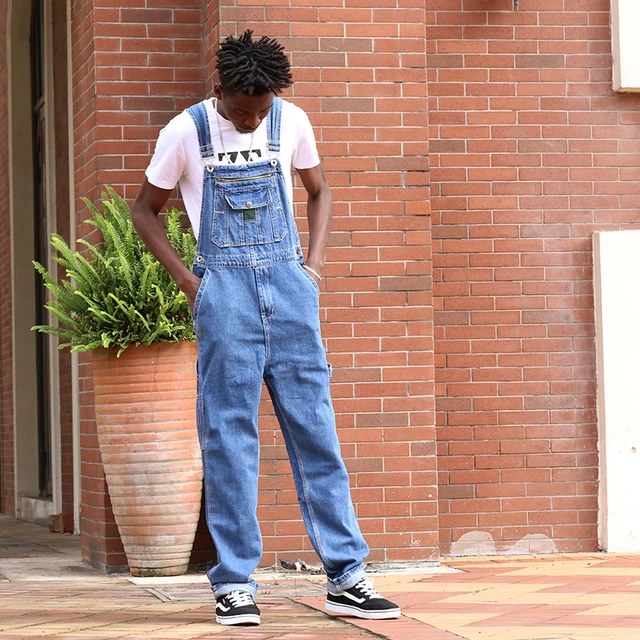 Hot Men's Denim Bibs Retro Loose Wide 