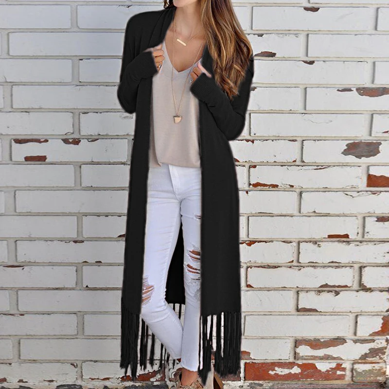 Осень весна женские вязаные длинные свитера модные элегантные женские трикотажные изделия твердые кисточки бахрома кардиган свитер джемперы