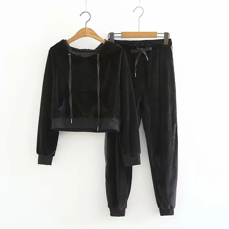 Осенние модные женские туфли аккуратные бархат Crewneck свитер Повседневное Ночная одеждая с длинными рукавами Толстовка Пуловеры Топы уличном японском стиле костюм - Цвет: Black