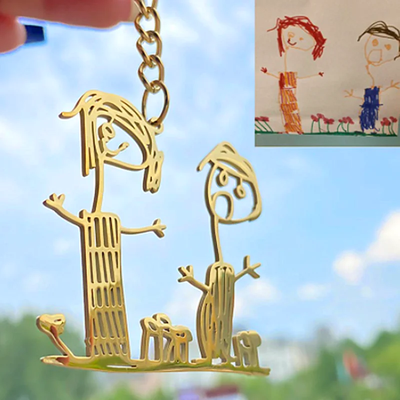 

Customized Children's Drawing Necklace Keychains Kid's Art Child Artwork Personalized Necklace Jewelry Christmas Gift For Kids