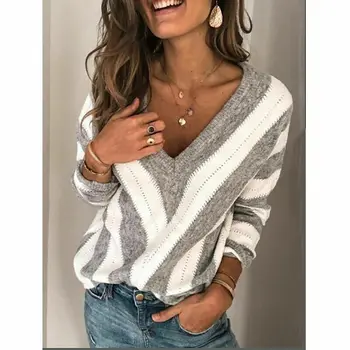 

Womens 2020 Spring Fashion Striped Sweater V Neck Long Sleeve Sweater Knitted Batwing Sleeve Pullovers Sexy Jumper Streetwear