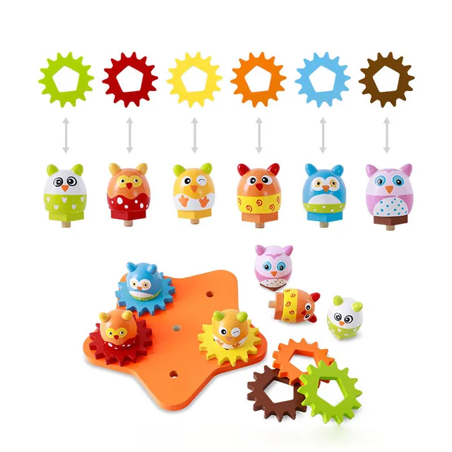 Colorful Wooden Children Early Educational Mechanical Gear Design Cartoon Animal Baby Building Blocks Combine Toy Set Pull Toy 4