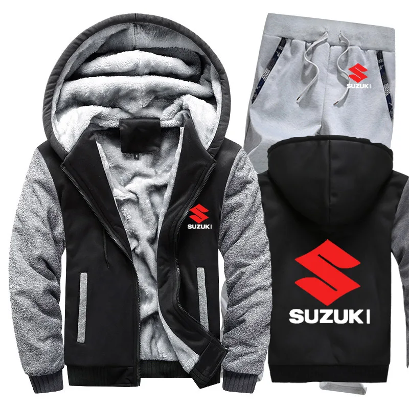 Мужские толстовки с капюшоном с логотипом Suzuki, мужские толстовки с капюшоном, зимний утепленный флисовый хлопковый спортивный костюм на молнии, мужская куртка+ штаны, комплекты из 2 предметов