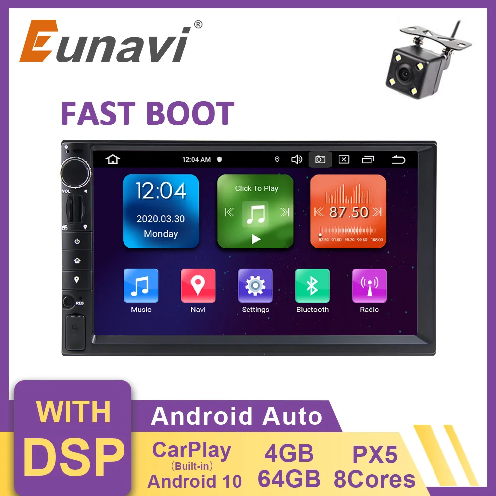 Eunavi 7 inch Universal Android 10 2Din Car Radio Multimedia Player 8Core PX5 4G+64G GPS Navigation HD Screen Carplay DSP no DVD