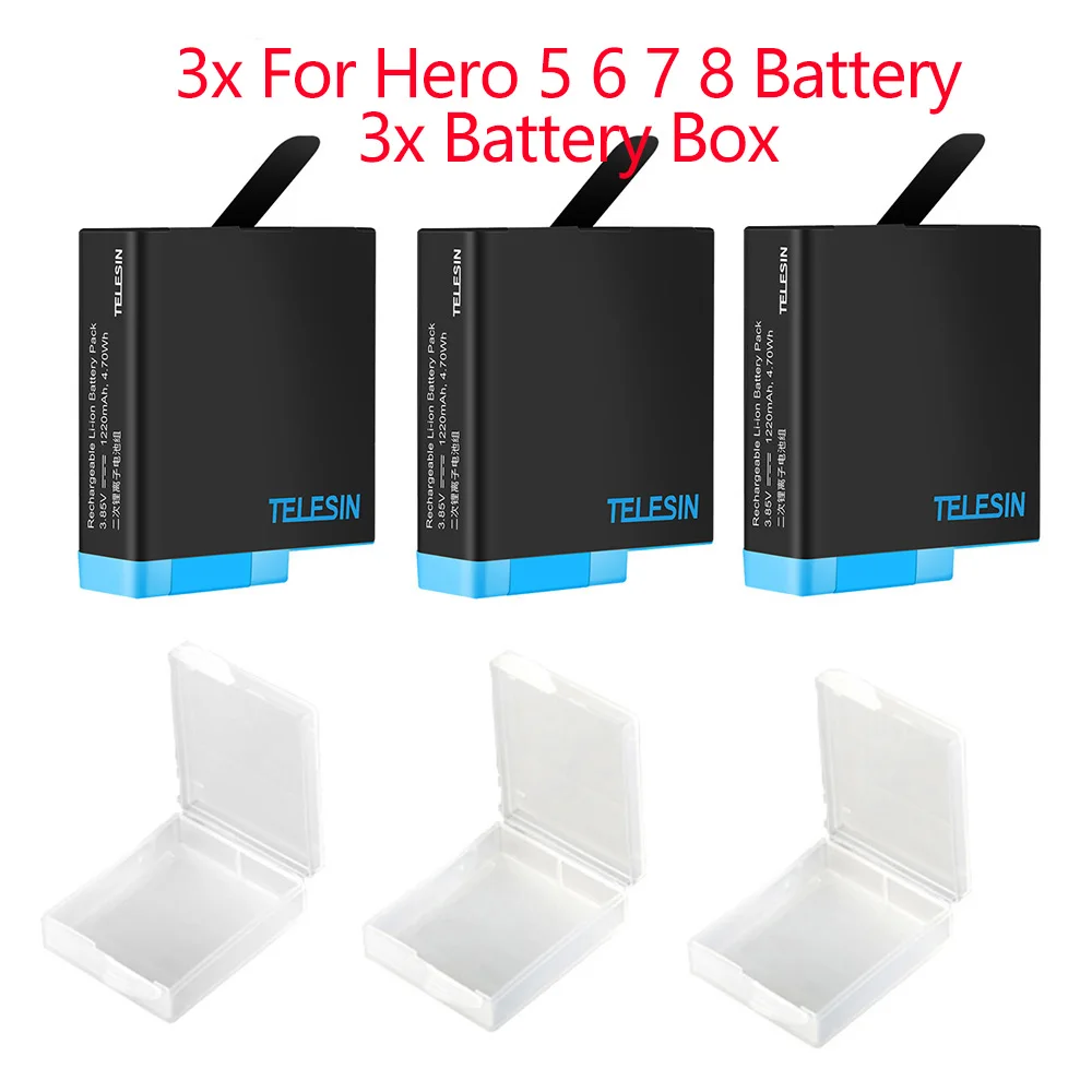 TELESIN 3PACK 1220mAh Battery 3 Slots LED Light Fast Charger TF Card Reader Storage Charging Box for GoPro Hero 8 7 6 5 Black dyson battery Batteries