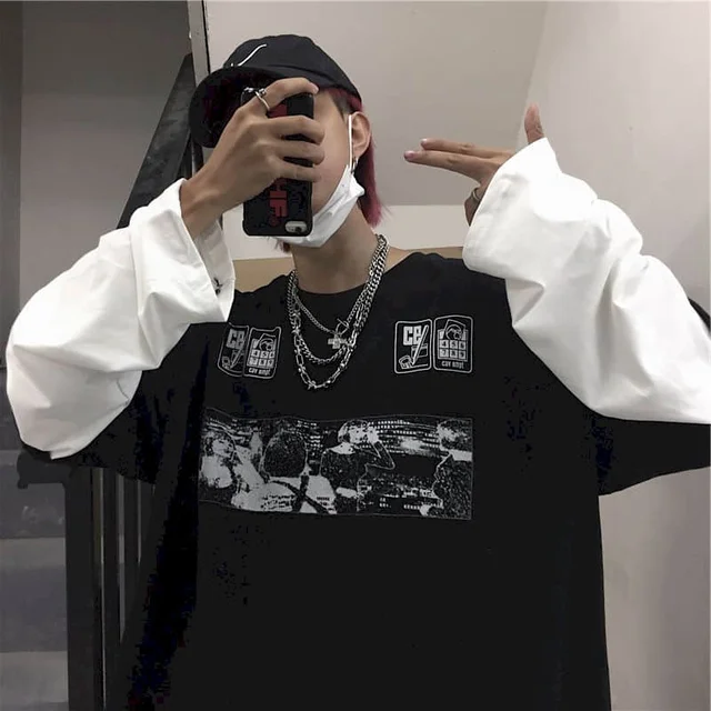 T-shirt Cross of Thorns fake two-piece for men women long-sleeved dark hip-hop loose large size autumn new trend top Simplicity dd1714 painting