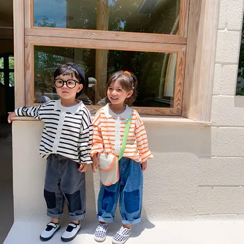 

Children's Clothing 2020 Autumn New Korean Girls Striped Sweater Cardigan Long Sleeve for Children Turn-down Collar Coat