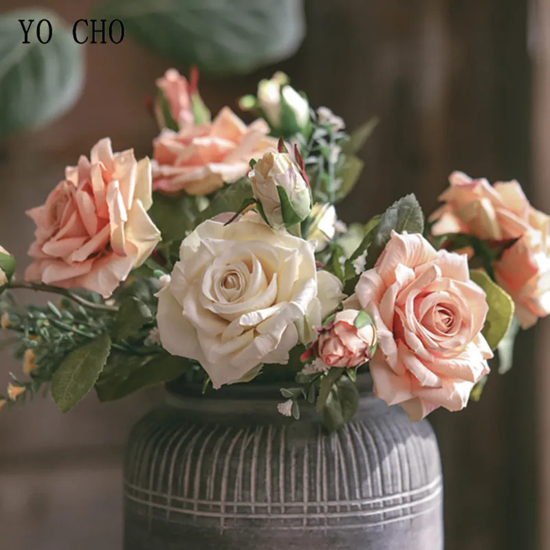 YO CHO Large Retro Rose Artificial Silk Flowers White Silk Rose Big Fake Flowers Branch Wedding Home Decor Living Room Christmas