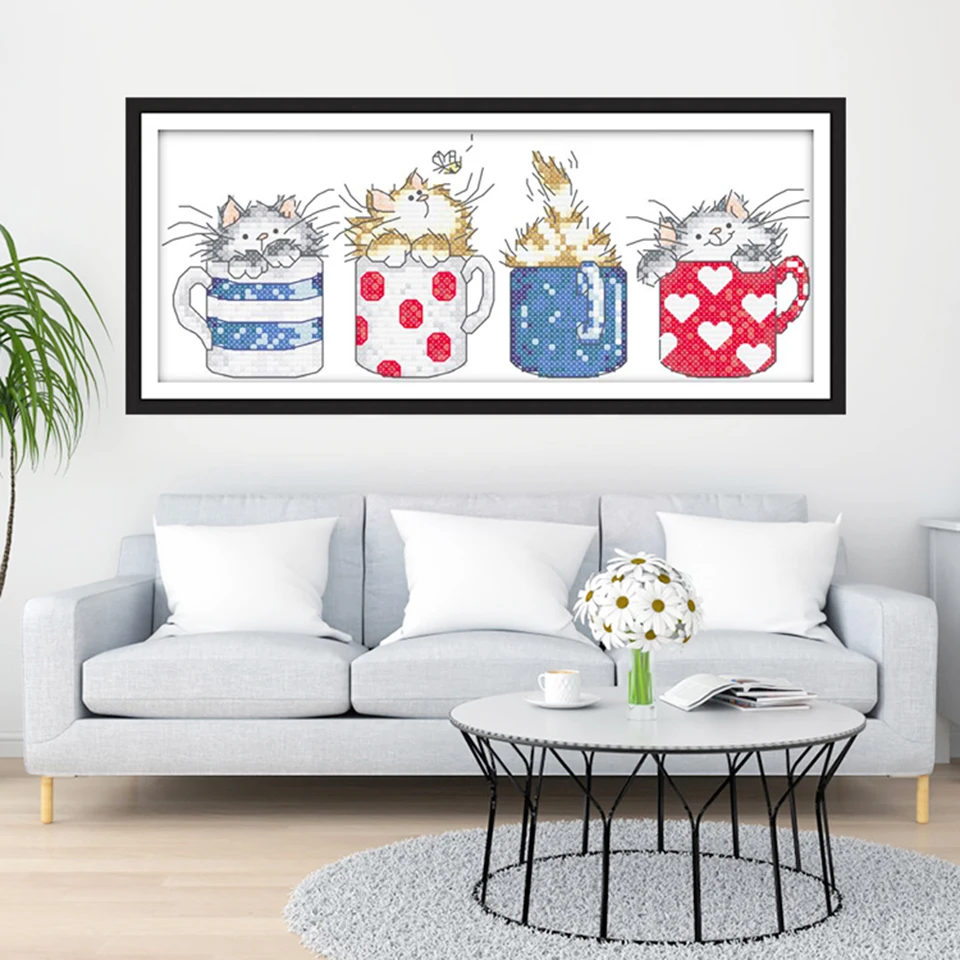Joy Sunday Kitty Cat в чашке Набор для вышивания крестиком напечатанный Китайский Набор для вышивания для украшения дома для рукоделия