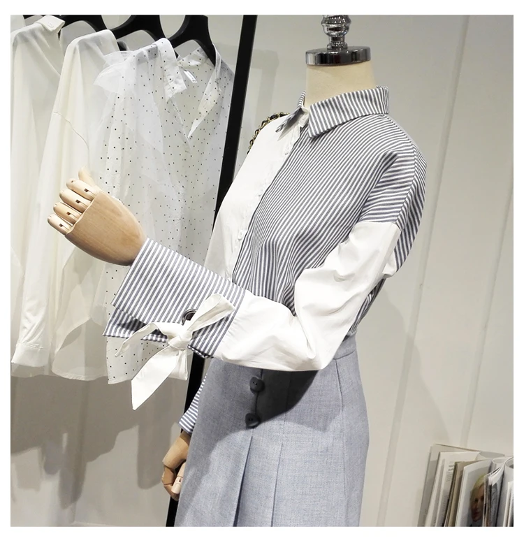 Designer Special Shirt Striped Color Block Blouse Long Sleeve Top Women Shirt Irregular Length Tie Chemise Femme Blusa Mujer