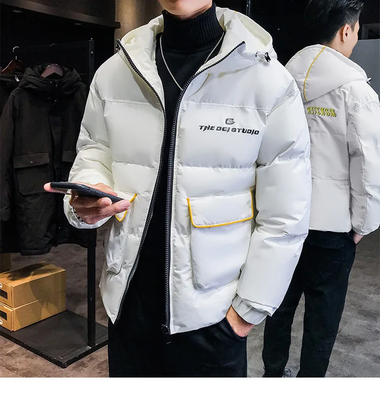 Зима, стиль, мужская хлопковая стеганая одежда с капюшоном, корейский стиль, Молодежный большой размер, короткий карман, украшение, хлопковое пальто для мужчин