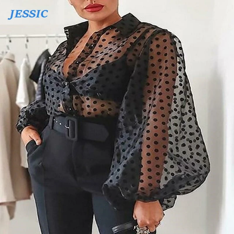

JESSIC 2020 New Women Pure Mesh Transparent Blouse Lantern Long Sleeve Blouse Fashion Pearl Transparent Button White Shirt