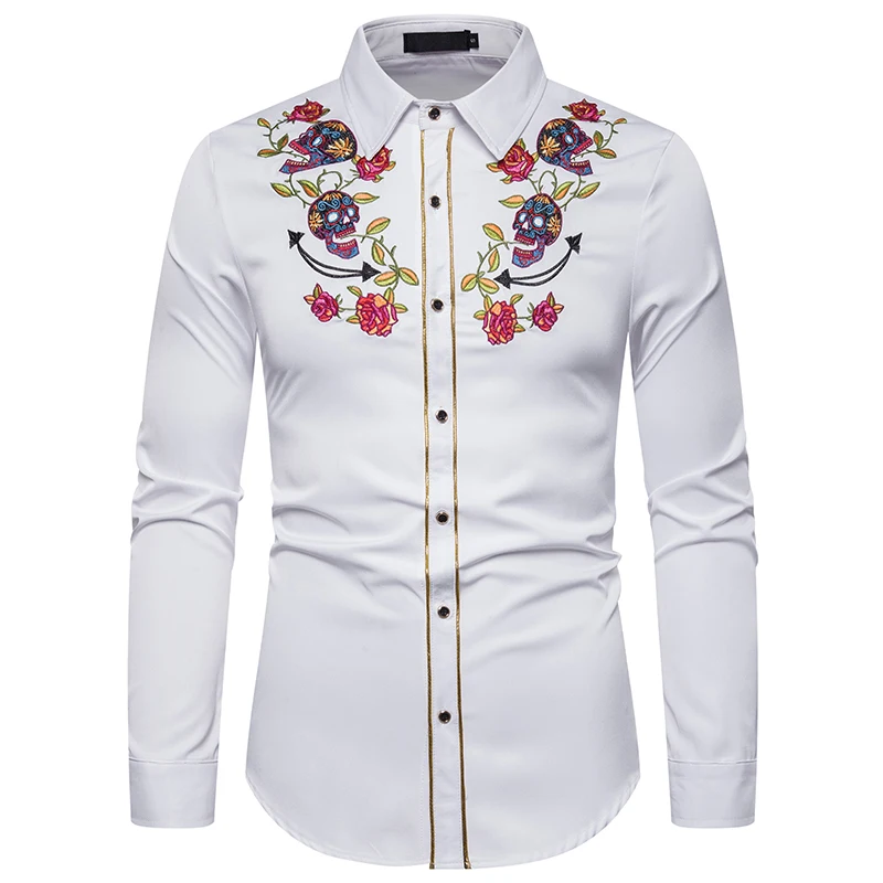 

PUIMENTIUA 2019 Mens Fashion Western Cowboy Skull and Rose Embroidery Shirt Slim Fit Casual Long Sleeve Button Down Dress Shirts