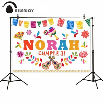 

Allenjoy Baby 3th Birthday Backdrop Day Of The Dead Flag Rattle Guitar Fan Flowers Leaves Banner Moxico Festival Party Wallpaper