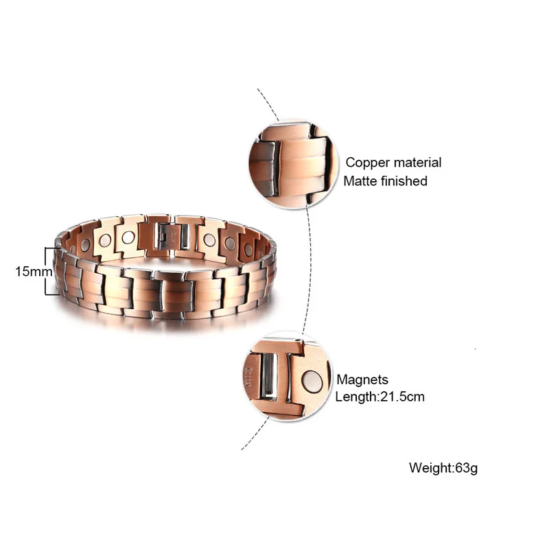 Mens Solid Copper Link Magnetic Bracelet Bangles Brackelts Brazalet 8.5 inch