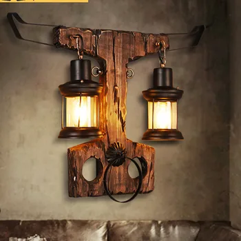 

Industrial style retro loft wall lamp creative personality corridor wall lamp hardware wrought iron boat wood glass cover Horn w