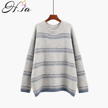 

H.SA Sueter de Mujer Women's Sweater 2019 Casual Striped Pull Jumpers Blue Casual Knitwear Cashmere Oversized Female Pullover