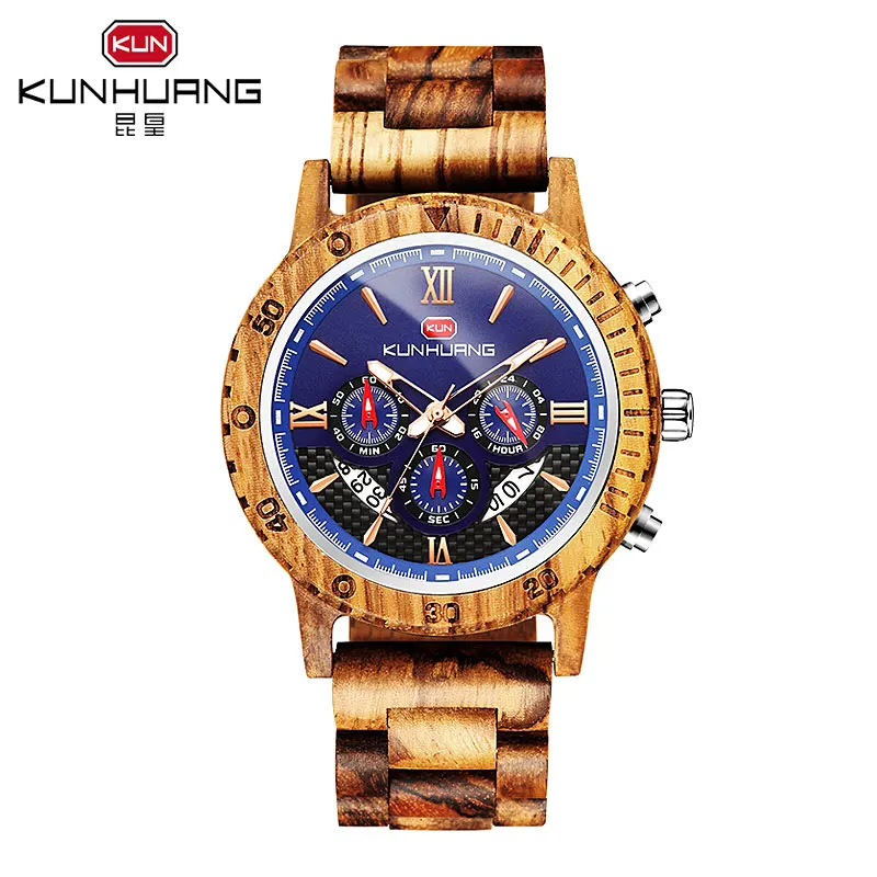 

KUN HUANG Luxury Brand Men Business Watches Men Army Military Watch Quartz Movement Wooden Clock Wristwatches Relogio Masculino