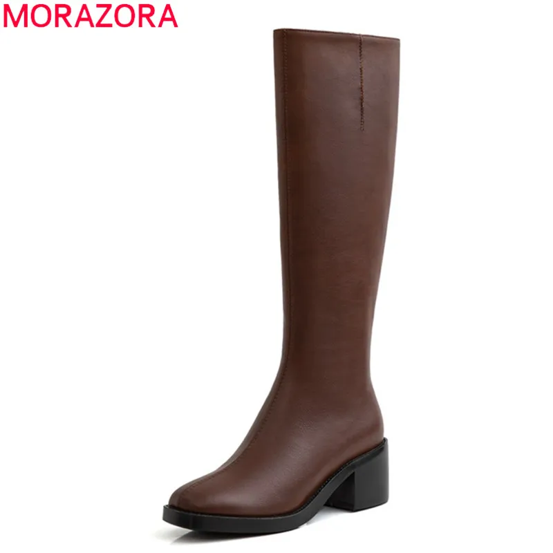 MORAZORA/Новинка года; Брендовые женские ботинки из натуральной кожи; женская обувь на высоком толстом каблуке с квадратным носком; зимние сапоги до колена; цвет черный, коричневый