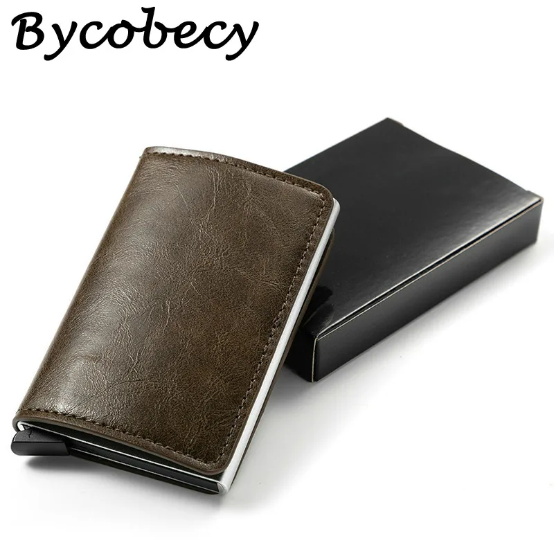 Bycobecy Анти Rfid кредитный держатель для карт чехол для мужчин из искусственной кожи ID держатель для карт банк Алюминиевый металлический кошелек держатель кредитной карты с коробкой