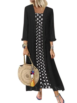 

New Brand Plus Size Ladies 2Pcs Clothes Set Maxi Polka Dot Dress+Long Cardigans Women Dots Two-piece O-Neck Long Loose Dresses