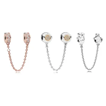 

925 Sterling Silver Original Pandoras Shining Elegance Crystal Tone Signature Safety Chain Charm Beads for Bracelet Jewelry Gift