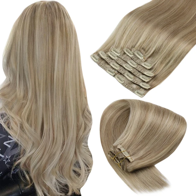 VeSunny Clip in Hair Extension Human Hair Ombre Blonde Remy Seamless Hair Extension Human Hair Brown Balayage Natural Human Hair P16-22
