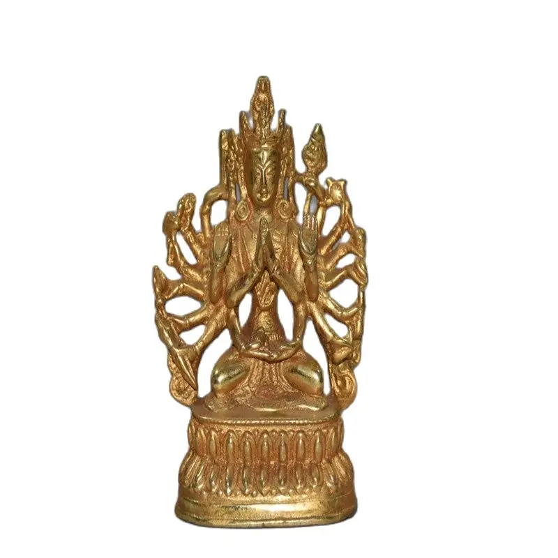 

Early collection of pure copper gold-plated double lotus base thousand hand Buddha ornaments