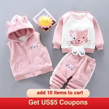 

Melario Girls Clothes Set Autumn Winter 3Pcs Sweet Pink Zipper Vest Hooded Cute Cartoon Pattern Clothes for Girl Kids Outfits