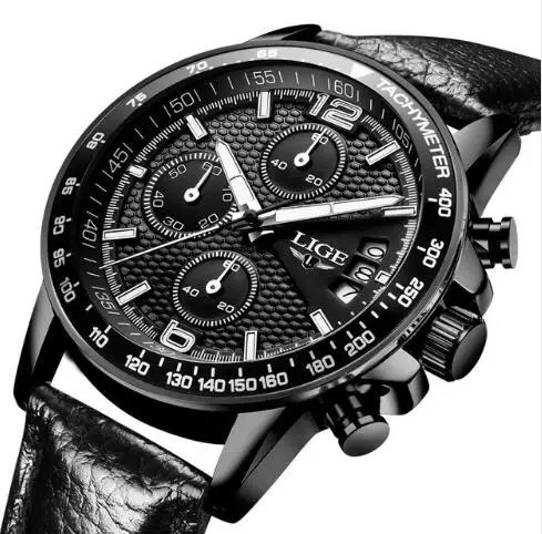 leather black LIGE мужские s часы лучший бренд класса люкс повседневные модные спортивные часы мужские кожаные водонепроницаемые кварцевые наручные часы Relogio Masculino - Цвет: leather black