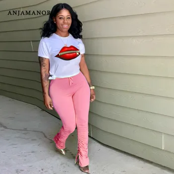 

ANJAMANOR 2020 Summer Fashion Clothes 2 Piece Outfits for Women Lips Print Top and Slit Stacked Pants Matching Sets D52-AG19