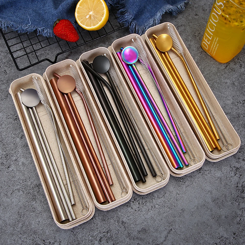 Stainless Steel Eco Friendly 7pcs Straw Spoon Drink Straw Set With Carrying Case 2 Cleaning Brush 3