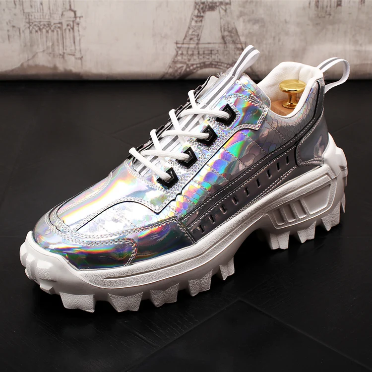 New Men Fashion Casual Shoes Autumn Bling Patent Leather Thick Bottom Sneakers Male Youth Trending Shoes for web celebrity