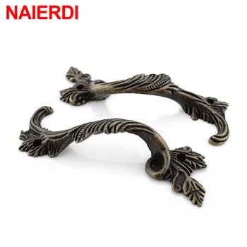 

NAIERDI 2PCS Antique Furniture Handles Leaves Striped Carved Handle Drawer Door Knobs Jewelry Box Bronze Cabinet Pulls Cupboard