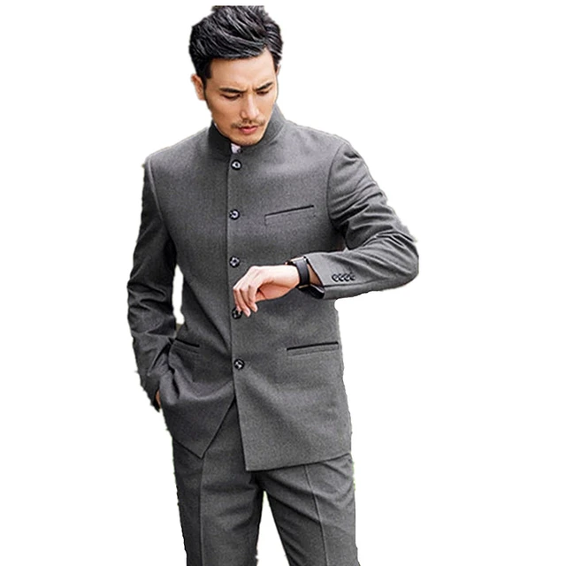 Traje De Estilo Indio Para Hombre, Traje De Boda Con Cuello Levantado, Gris  Oscuro, Diseño Clásico, 2 Piezas (chaqueta + Pantalones), Terno Masculino -  Trajes - AliExpress