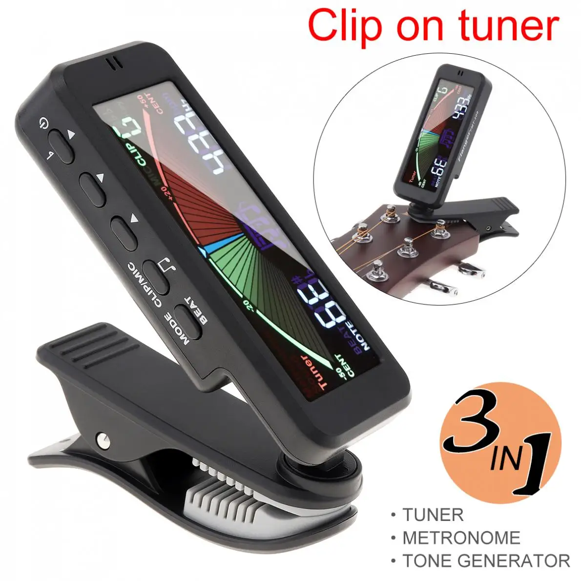 3 IN 1 Guitar Tuner Large LCD Screen Metronome Generator with Clip for Chromatic Guitar Bass Ukulele Violin