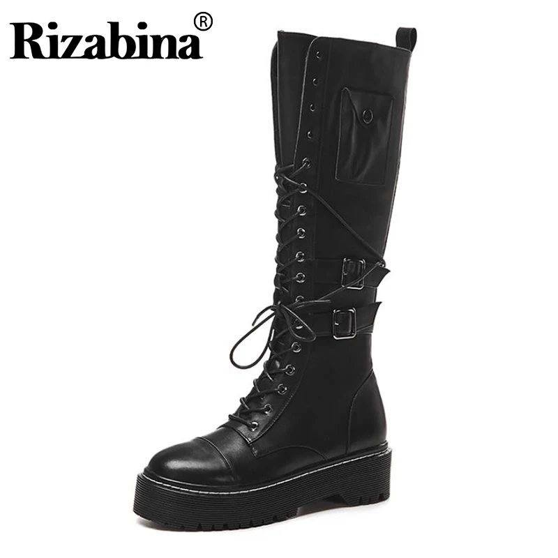 

RIZABINA New Motorcycle Boots Women Genuine Leather Knee High Boots Fashion Buckle Zipper Thick Sole Shoes Women Size 34-39