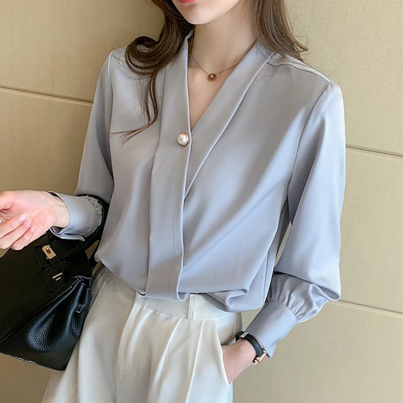 New V-Neck Silk Shirts Women Pullover Short Sleeve Summer Tops 2021 Button Women Blouses Satin Clothing Office Lady Solid Blouse