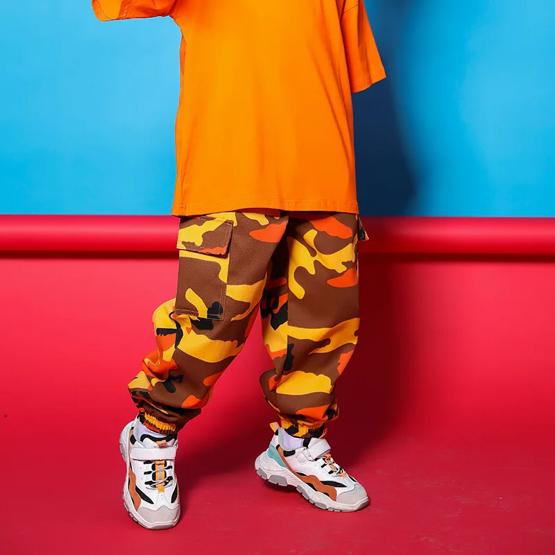 camouflage pants Детская свободная оранжевая безразмерная футболка камуфляжные повседневные штаны для бега одежда в стиле хип-хоп для девочек и мальчиков, костюм для джазовых танцев - Цвет: camouflage pants